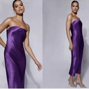 MESHKI Tyler Strapless Satin Midi Dress - Grape (M)